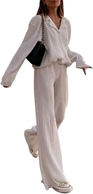 Pleated 2 Piece Outfits for Women Long Sleeve Oversized Button Down Shirt Wide Leg Pants Sets Casual Loungewear