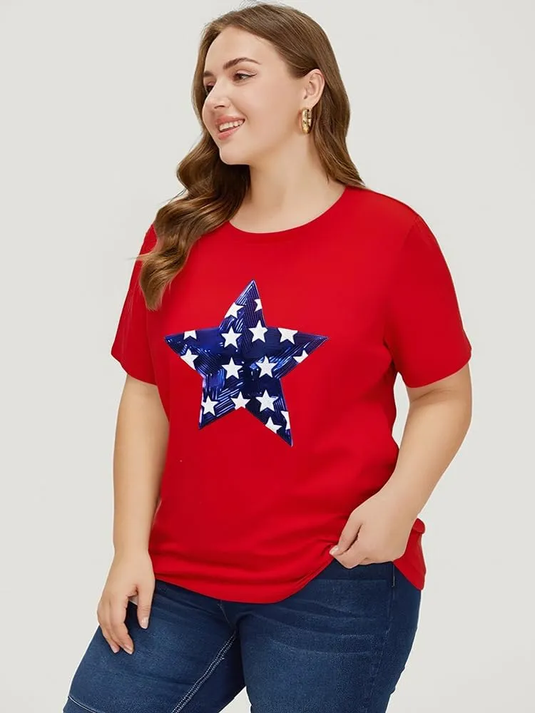 Plus Size American Flag Shirt Women USA Stars T-Shirt 4th of July Memorial Tee Patriotic Sequin American Proud Tops