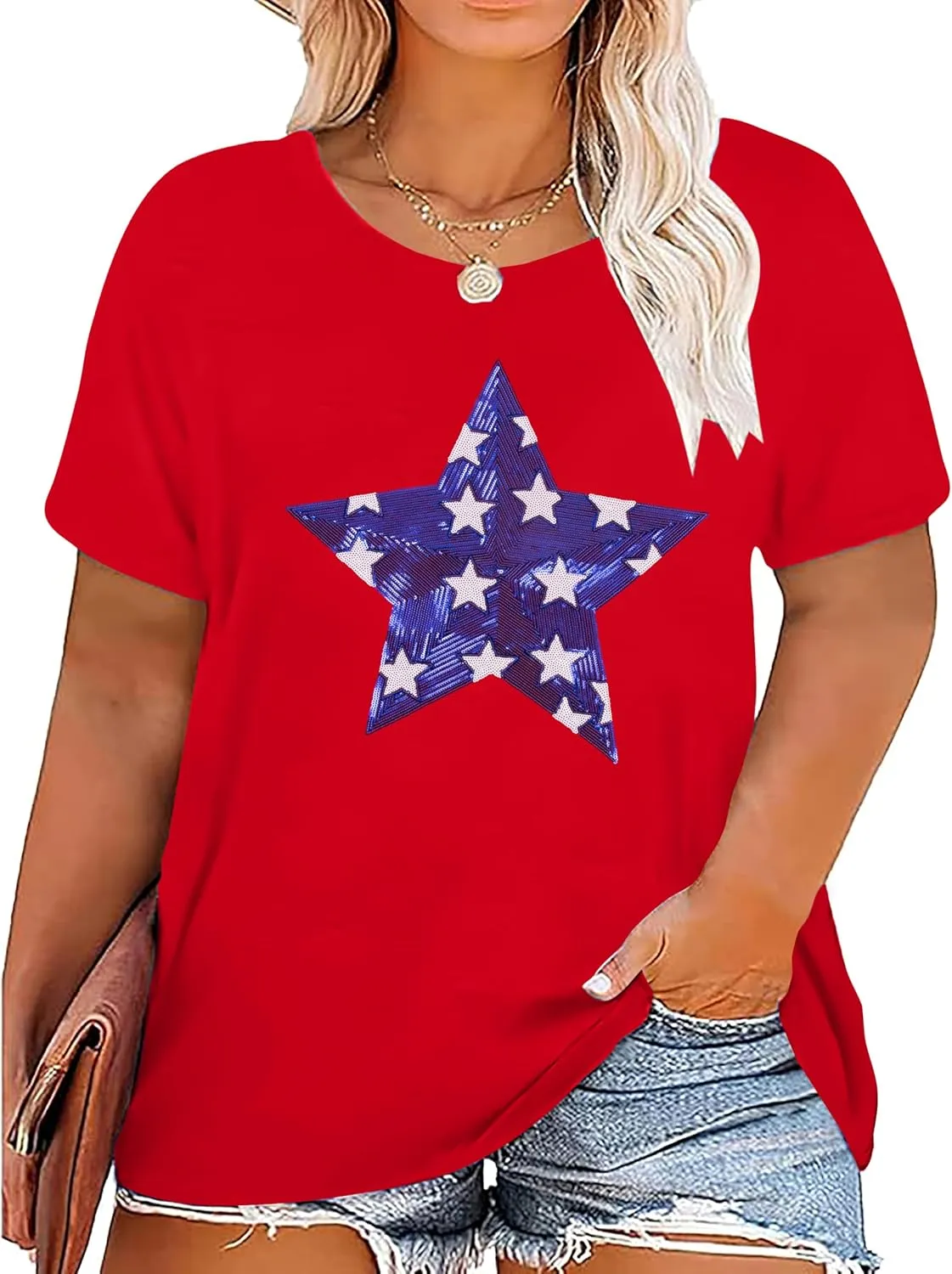 Plus Size American Flag Shirt Women USA Stars T-Shirt 4th of July Memorial Tee Patriotic Sequin American Proud Tops