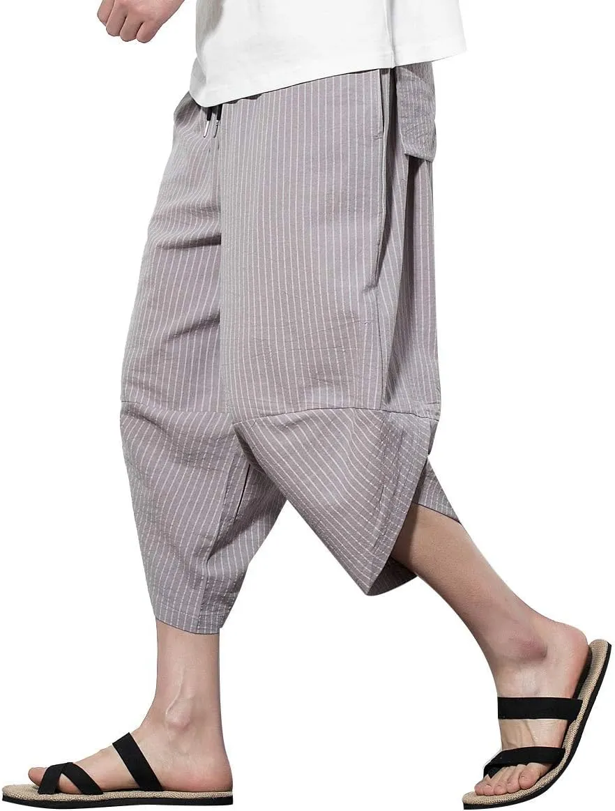 PRIJOUHE Men's Harem Capri Pants, Wide Leg Mens Capris, Summer Linen Pants