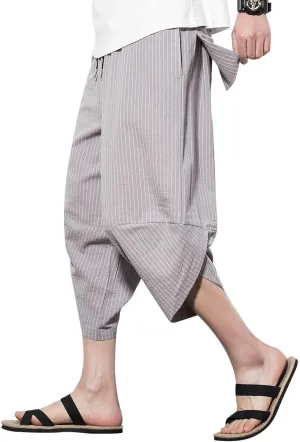 PRIJOUHE Men's Harem Capri Pants, Wide Leg Mens Capris, Summer Linen Pants
