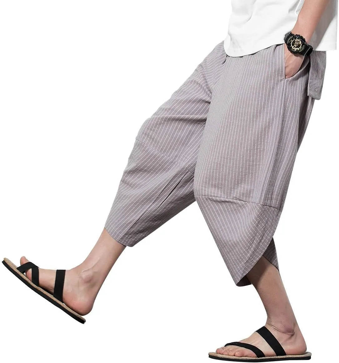 PRIJOUHE Men's Harem Capri Pants, Wide Leg Mens Capris, Summer Linen Pants