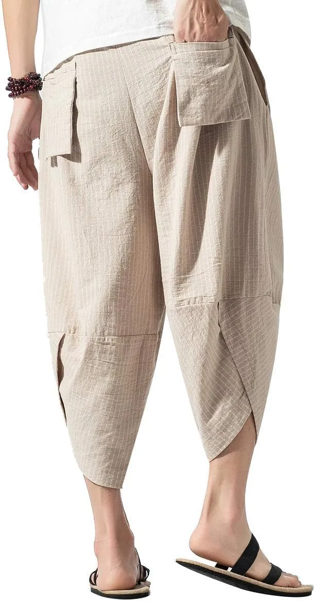 PRIJOUHE Men's Harem Capri Pants, Wide Leg Mens Capris, Summer Linen Pants