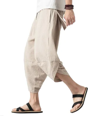 PRIJOUHE Men's Harem Capri Pants, Wide Leg Mens Capris, Summer Linen Pants