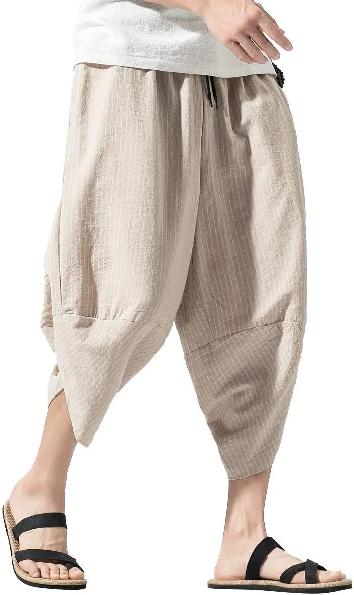 PRIJOUHE Men's Harem Capri Pants, Wide Leg Mens Capris, Summer Linen Pants