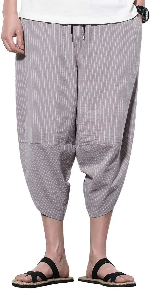 PRIJOUHE Men's Harem Capri Pants, Wide Leg Mens Capris, Summer Linen Pants