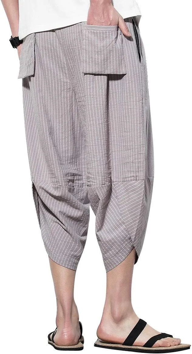 PRIJOUHE Men's Harem Capri Pants, Wide Leg Mens Capris, Summer Linen Pants
