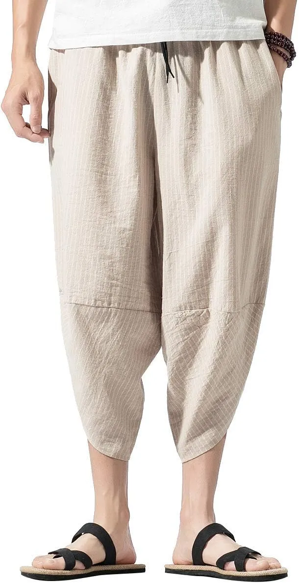 PRIJOUHE Men's Harem Capri Pants, Wide Leg Mens Capris, Summer Linen Pants