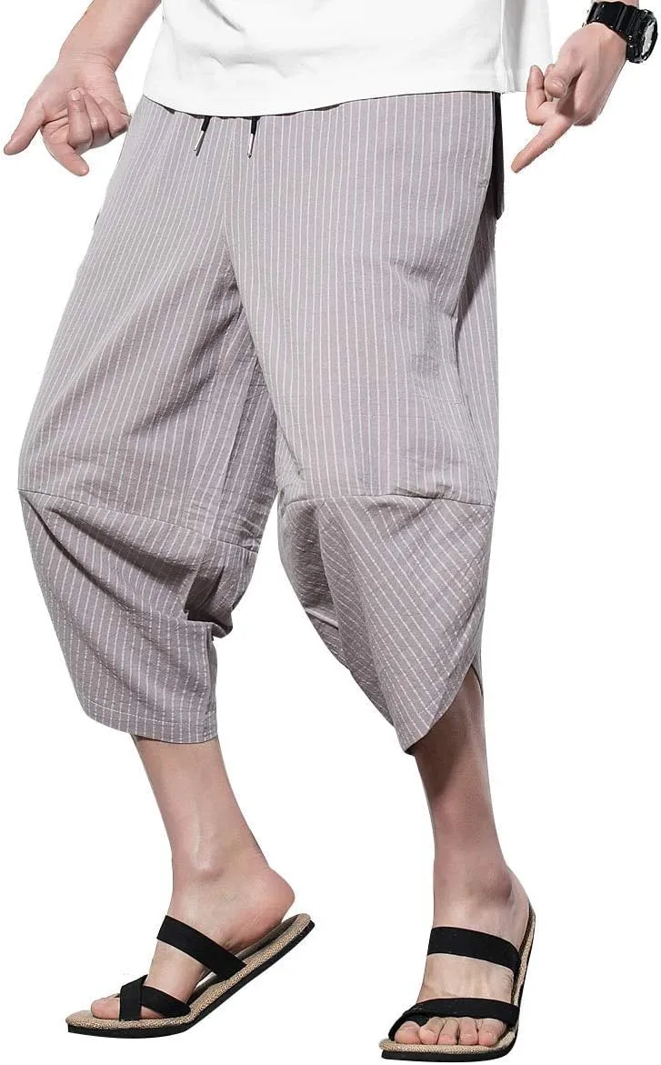 PRIJOUHE Men's Harem Capri Pants, Wide Leg Mens Capris, Summer Linen Pants