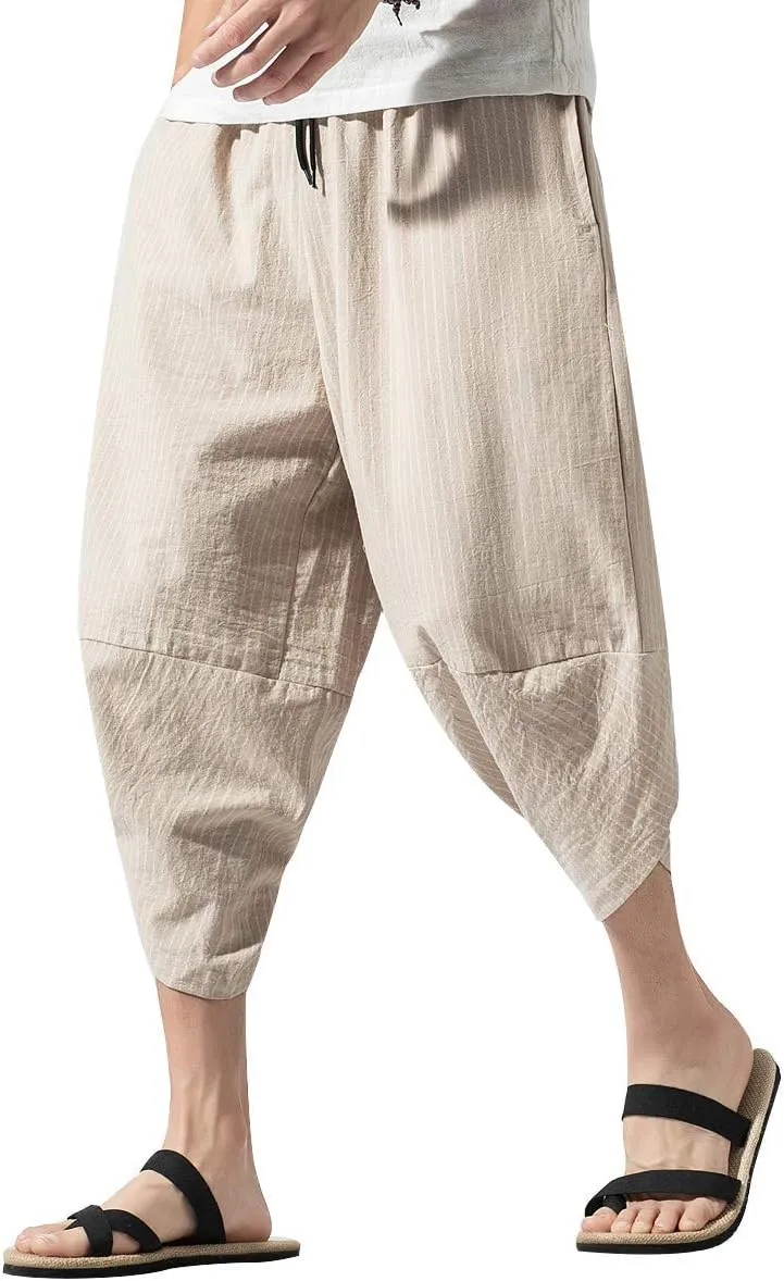 PRIJOUHE Men's Harem Capri Pants, Wide Leg Mens Capris, Summer Linen Pants