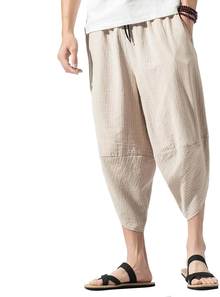 PRIJOUHE Men's Harem Capri Pants, Wide Leg Mens Capris, Summer Linen Pants