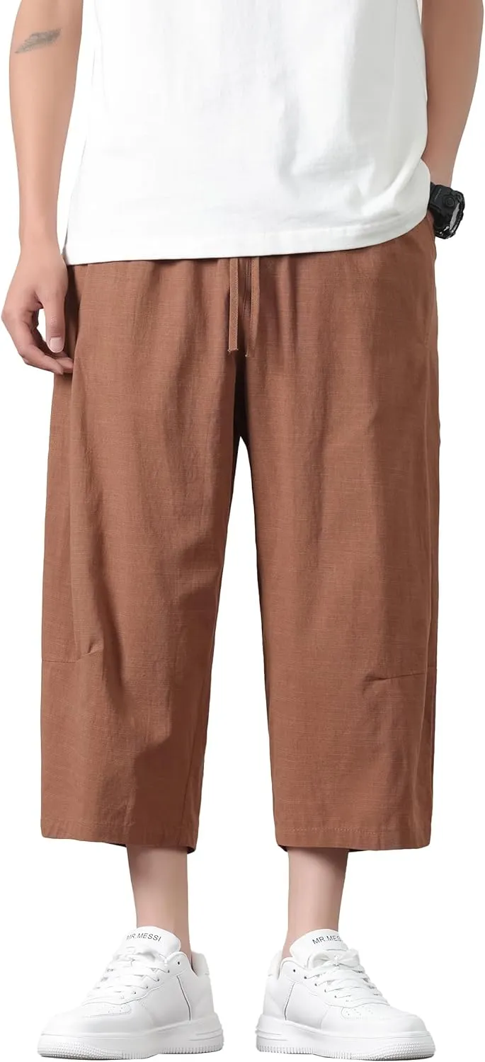 PRIJOUHE Mens Harem Pants Casual Lightweight Loose Fit Capri Pants Linen Beach Pants with Elastic Waistband