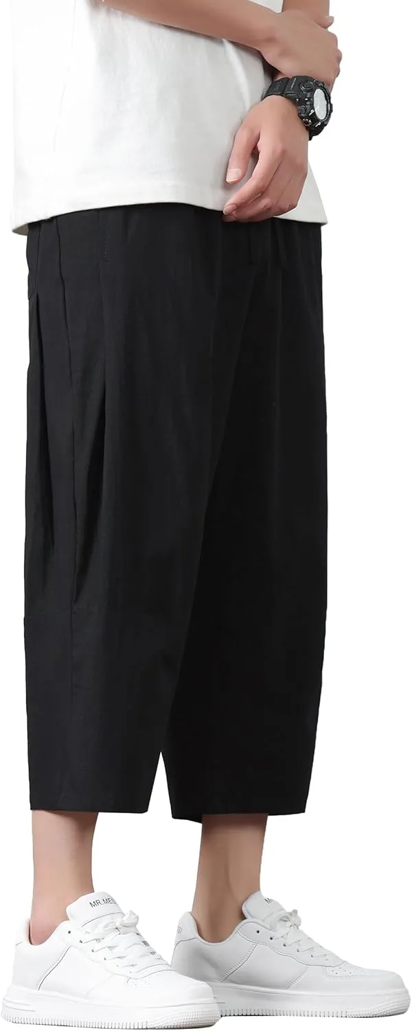 PRIJOUHE Mens Harem Pants Casual Lightweight Loose Fit Capri Pants Linen Beach Pants with Elastic Waistband