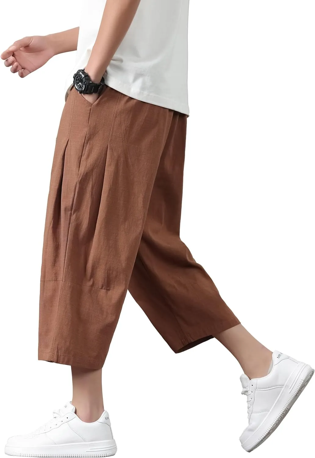 PRIJOUHE Mens Harem Pants Casual Lightweight Loose Fit Capri Pants Linen Beach Pants with Elastic Waistband