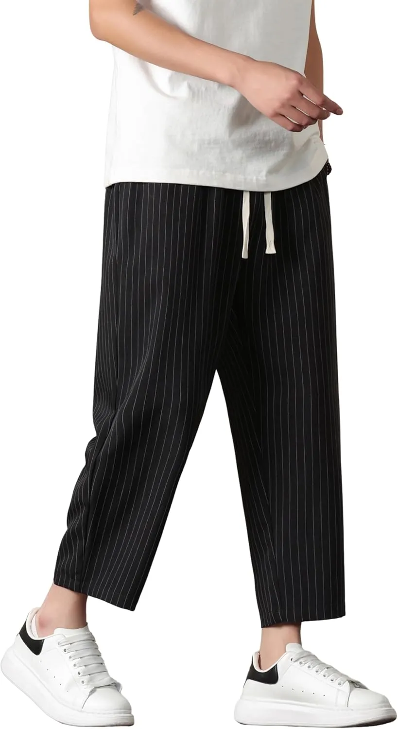 PRIJOUHE Mens Harem Pants Casual Lightweight Loose Fit Capri Pants Linen Beach Pants with Elastic Waistband