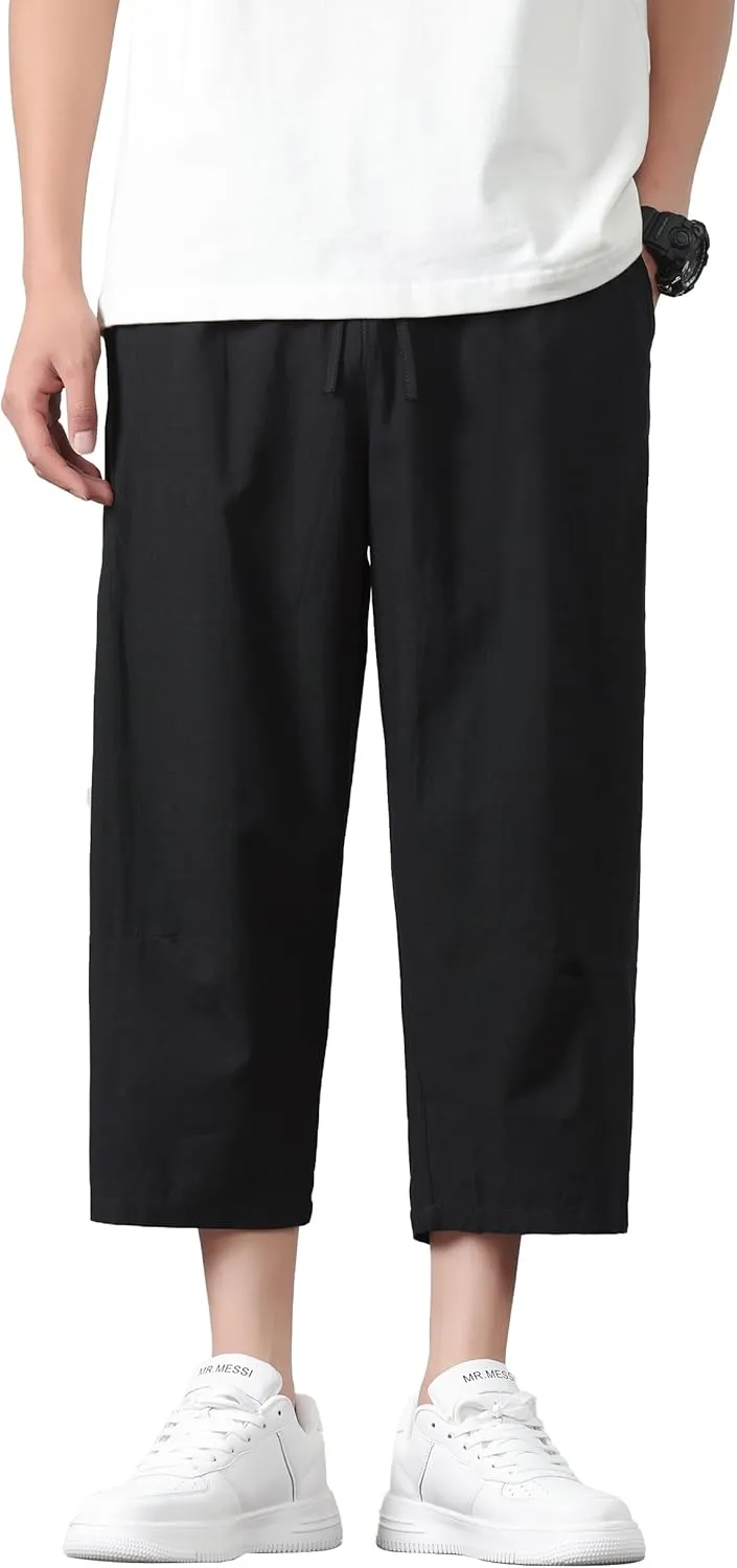 PRIJOUHE Mens Harem Pants Casual Lightweight Loose Fit Capri Pants Linen Beach Pants with Elastic Waistband