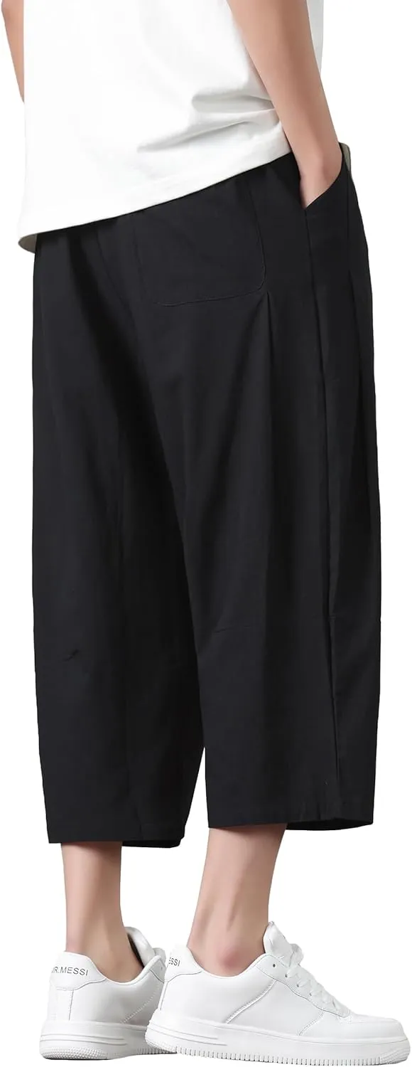PRIJOUHE Mens Harem Pants Casual Lightweight Loose Fit Capri Pants Linen Beach Pants with Elastic Waistband