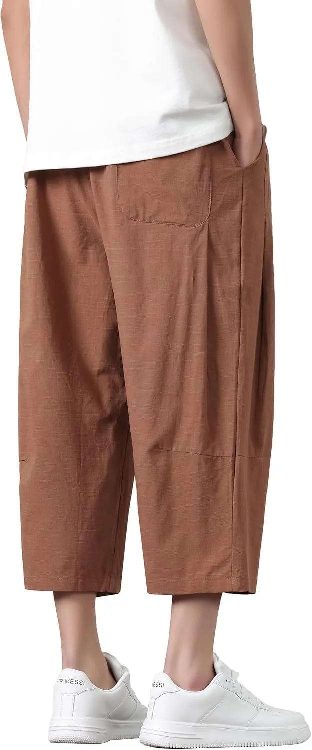 PRIJOUHE Mens Harem Pants Casual Lightweight Loose Fit Capri Pants Linen Beach Pants with Elastic Waistband