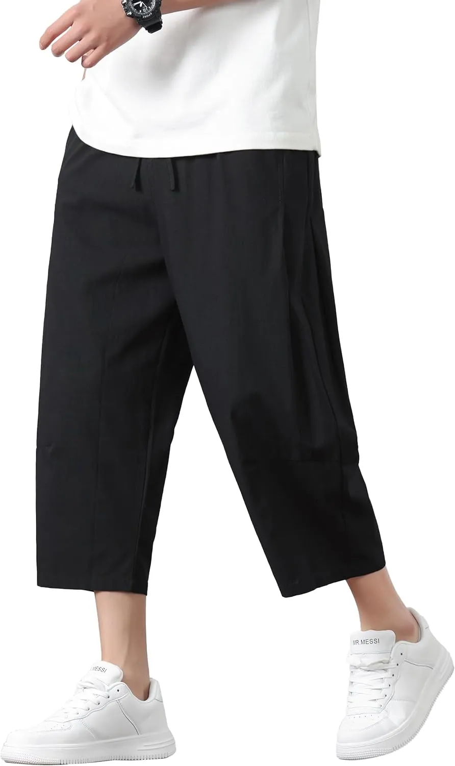 PRIJOUHE Mens Harem Pants Casual Lightweight Loose Fit Capri Pants Linen Beach Pants with Elastic Waistband