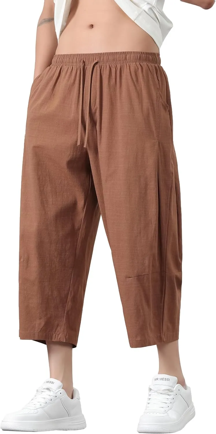 PRIJOUHE Mens Harem Pants Casual Lightweight Loose Fit Capri Pants Linen Beach Pants with Elastic Waistband