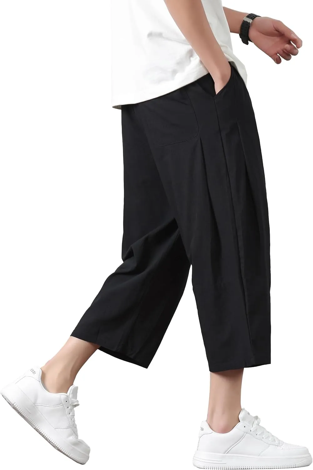 PRIJOUHE Mens Harem Pants Casual Lightweight Loose Fit Capri Pants Linen Beach Pants with Elastic Waistband