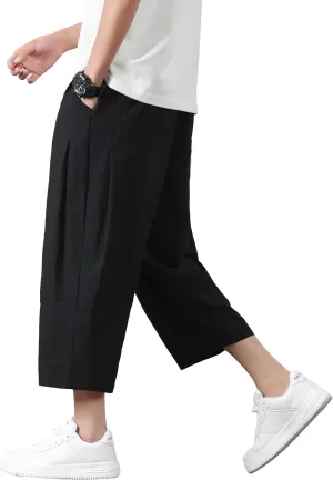 PRIJOUHE Mens Harem Pants Casual Lightweight Loose Fit Capri Pants Linen Beach Pants with Elastic Waistband