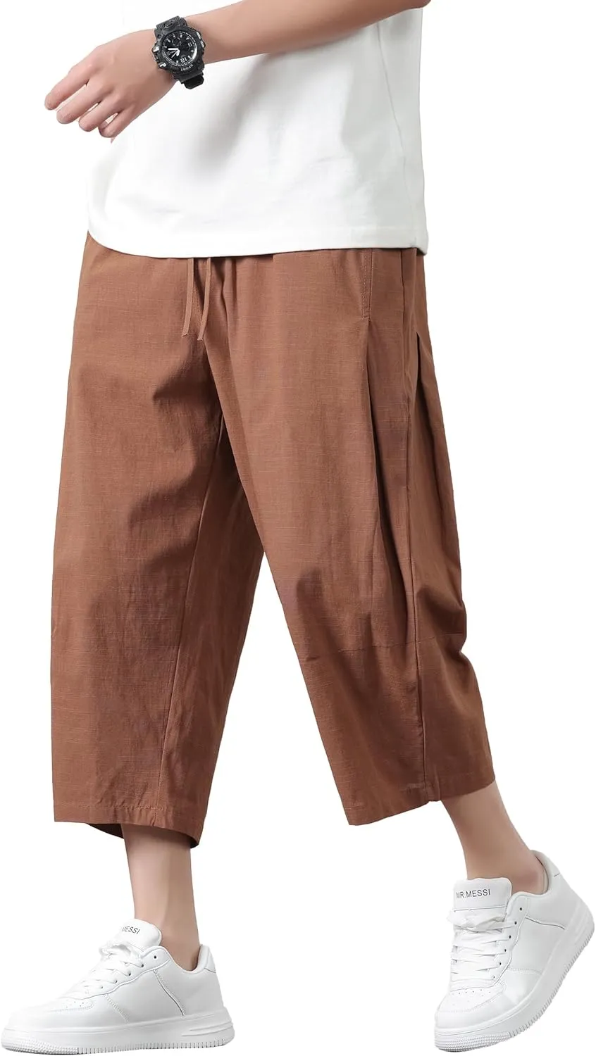 PRIJOUHE Mens Harem Pants Casual Lightweight Loose Fit Capri Pants Linen Beach Pants with Elastic Waistband