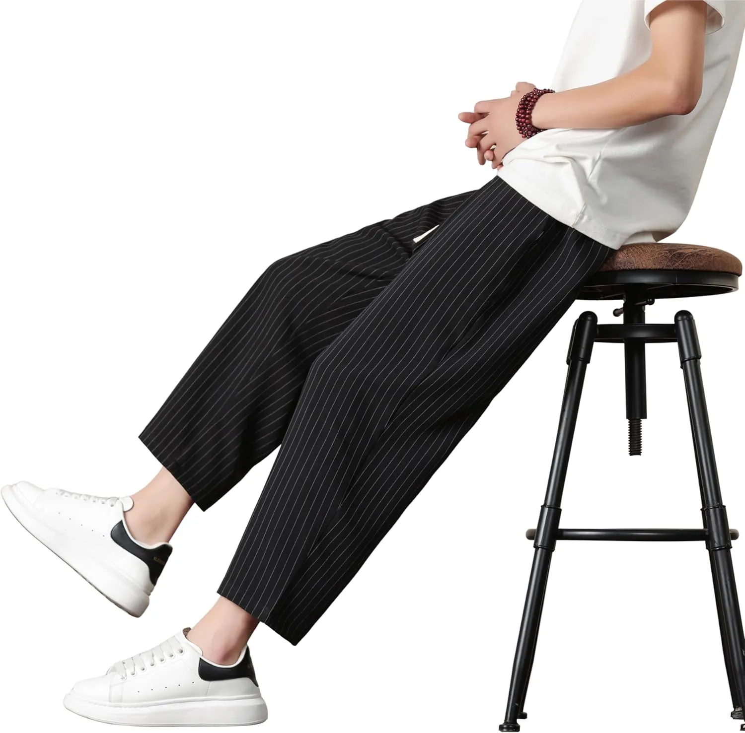 PRIJOUHE Mens Harem Pants Casual Lightweight Loose Fit Capri Pants Linen Beach Pants with Elastic Waistband