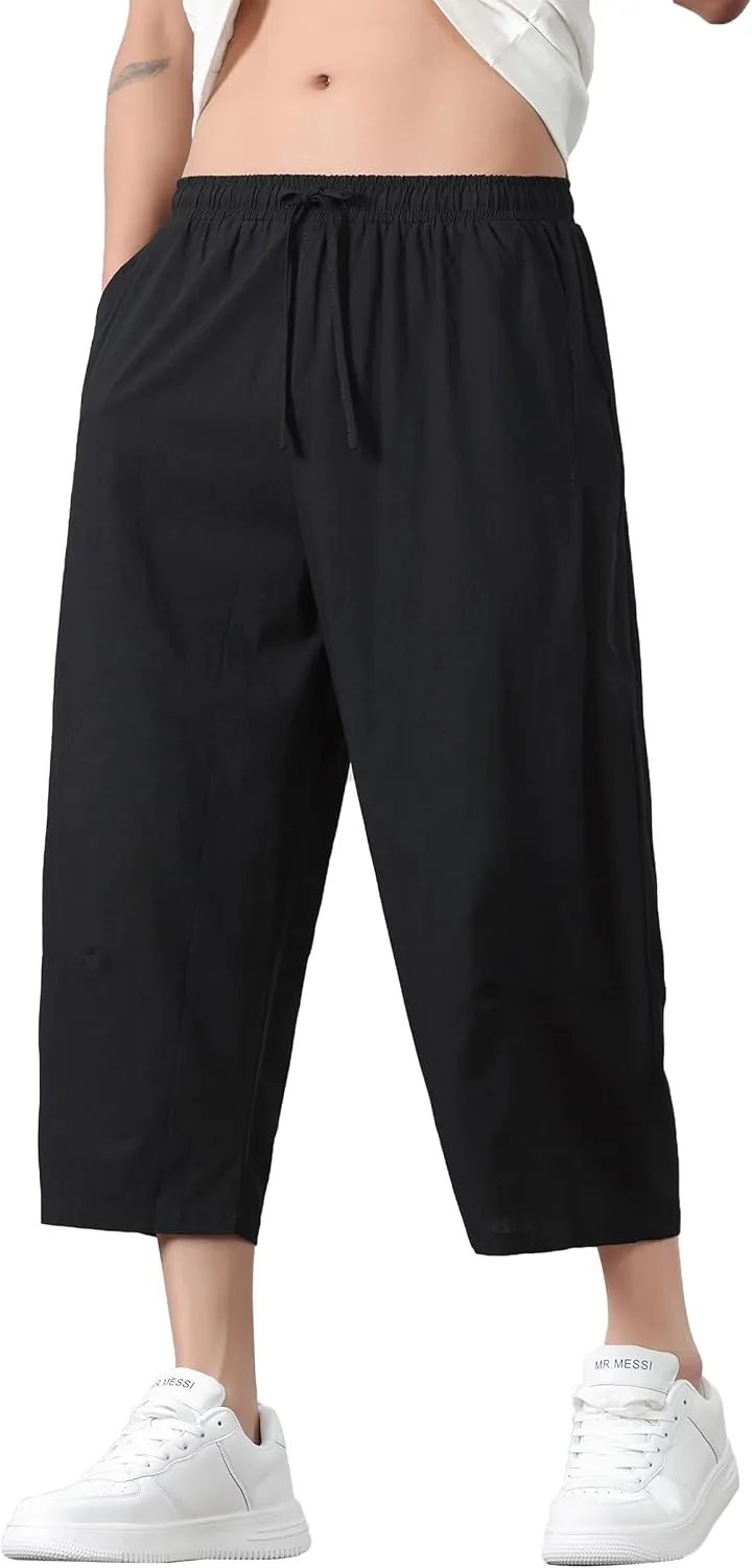 PRIJOUHE Mens Harem Pants Casual Lightweight Loose Fit Capri Pants Linen Beach Pants with Elastic Waistband