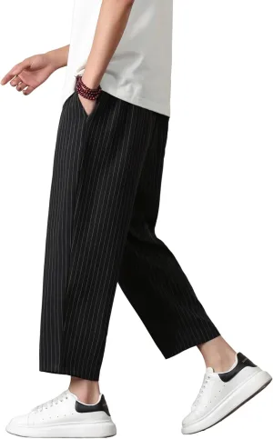 PRIJOUHE Mens Harem Pants Casual Lightweight Loose Fit Capri Pants Linen Beach Pants with Elastic Waistband