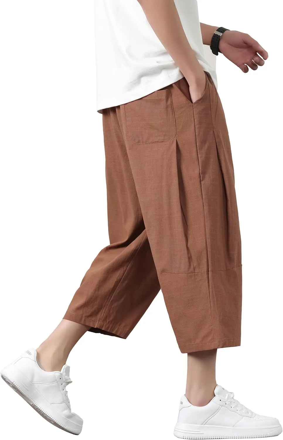 PRIJOUHE Mens Harem Pants Casual Lightweight Loose Fit Capri Pants Linen Beach Pants with Elastic Waistband