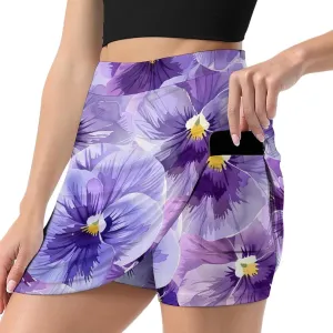 Purple Pansy Floral Women's Skort Athletic Skirt Golf Skorts A-line Skirts with Built-in Shorts Pockets