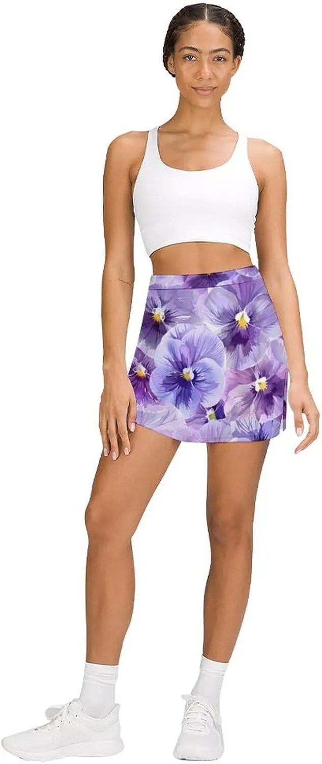 Purple Pansy Floral Women's Skort Athletic Skirt Golf Skorts A-line Skirts with Built-in Shorts Pockets