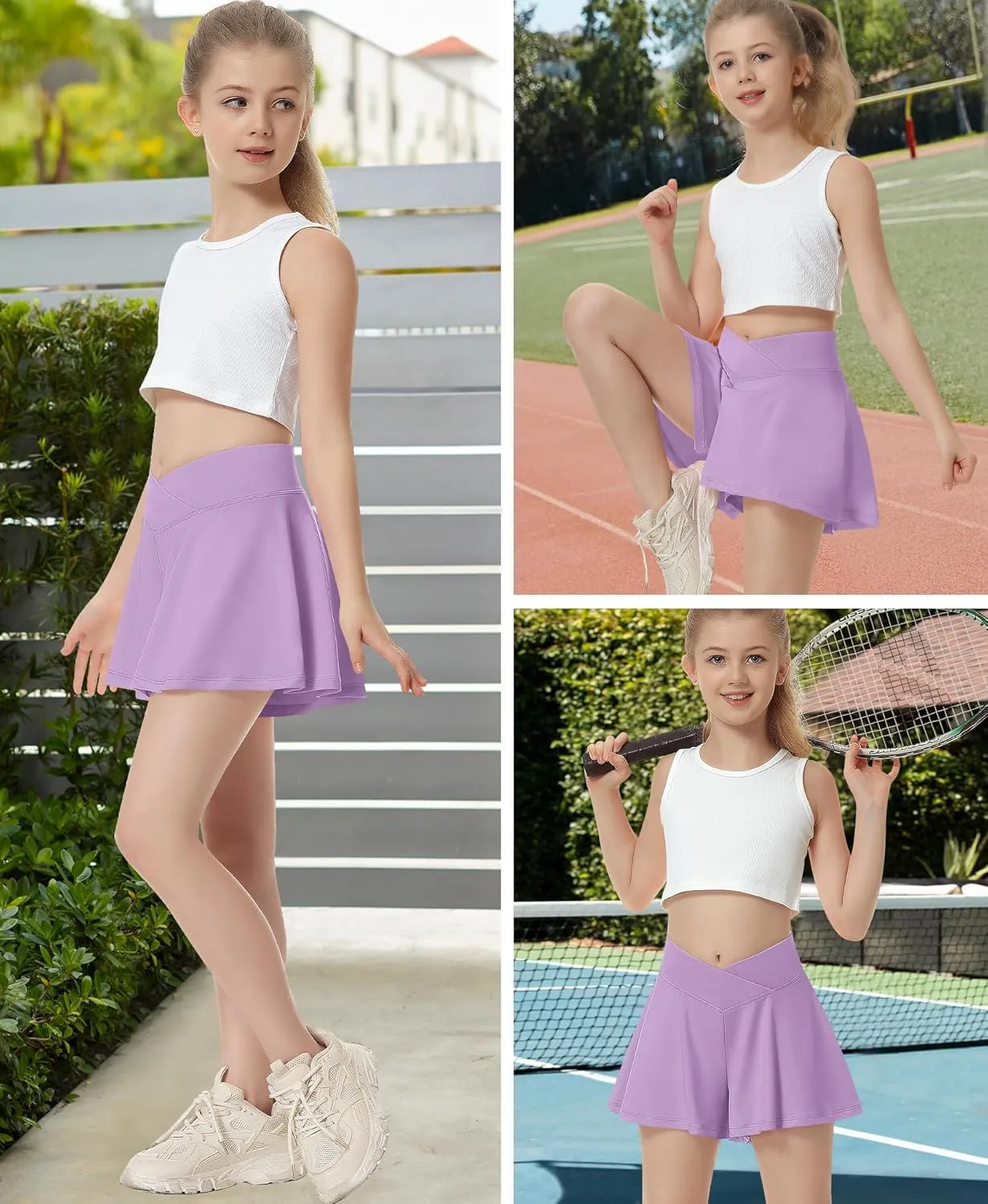 QooNoo Girls Athletic Shorts Flowy Running Shorts with Pockets V Crossover 2 in 1 Girls Tennis Shorts Butterfly Skorts
