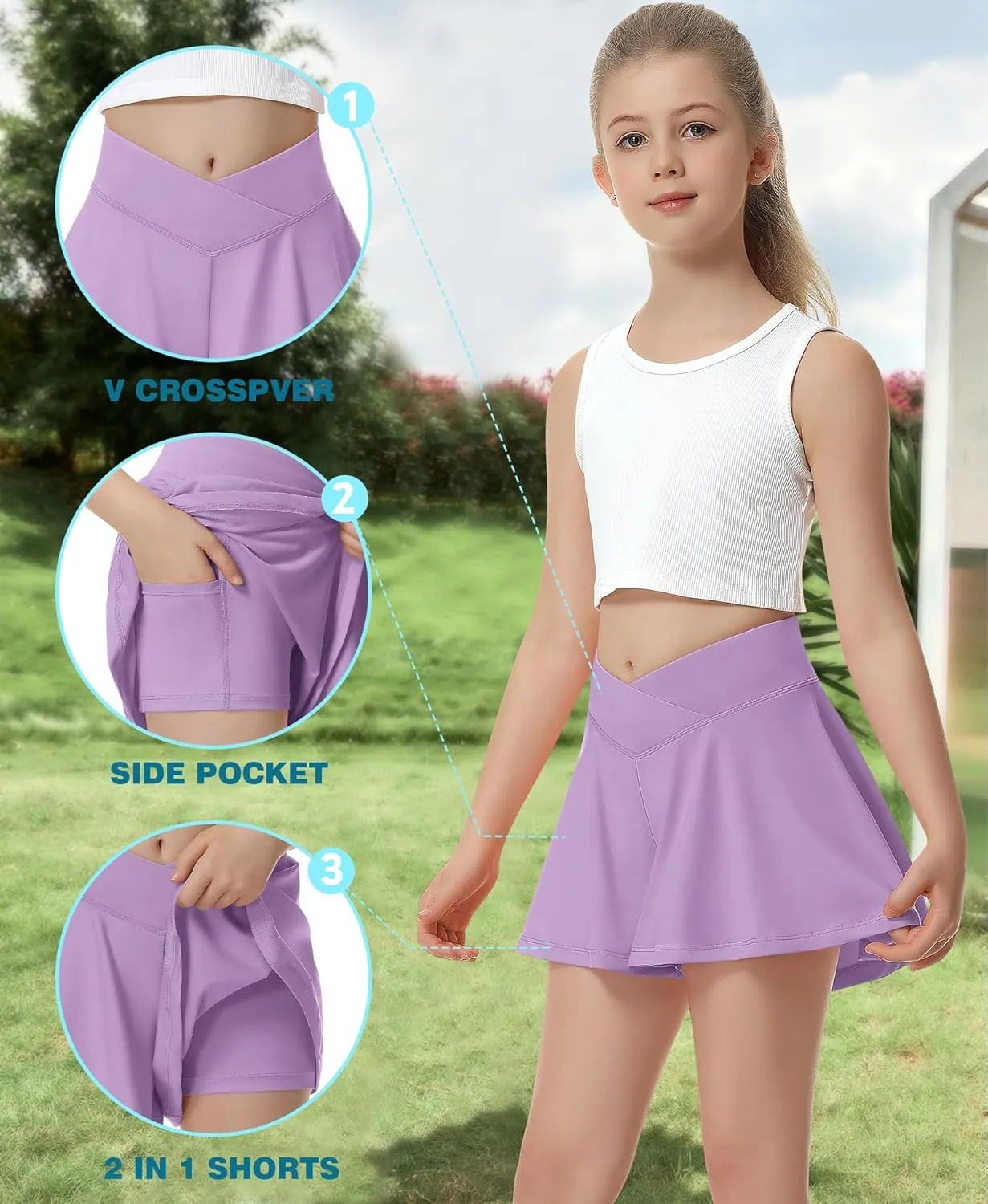 QooNoo Girls Athletic Shorts Flowy Running Shorts with Pockets V Crossover 2 in 1 Girls Tennis Shorts Butterfly Skorts