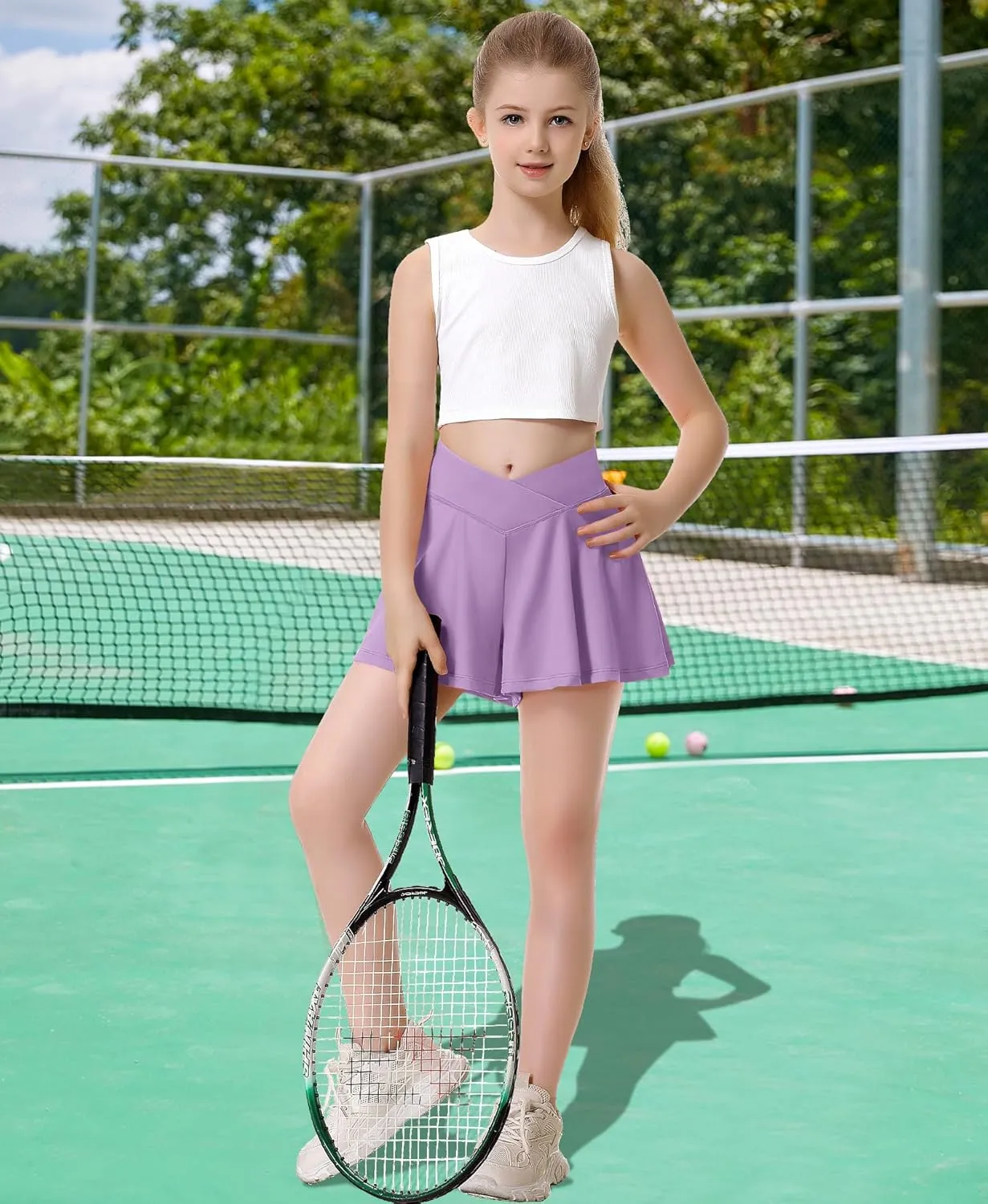 QooNoo Girls Athletic Shorts Flowy Running Shorts with Pockets V Crossover 2 in 1 Girls Tennis Shorts Butterfly Skorts