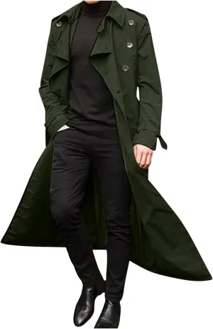 QWENTMTNTY Mens Long Trench Coat Double Breasted Belted Trench Coat Oversized Jacket Casual Business Windbreaker Overcoats