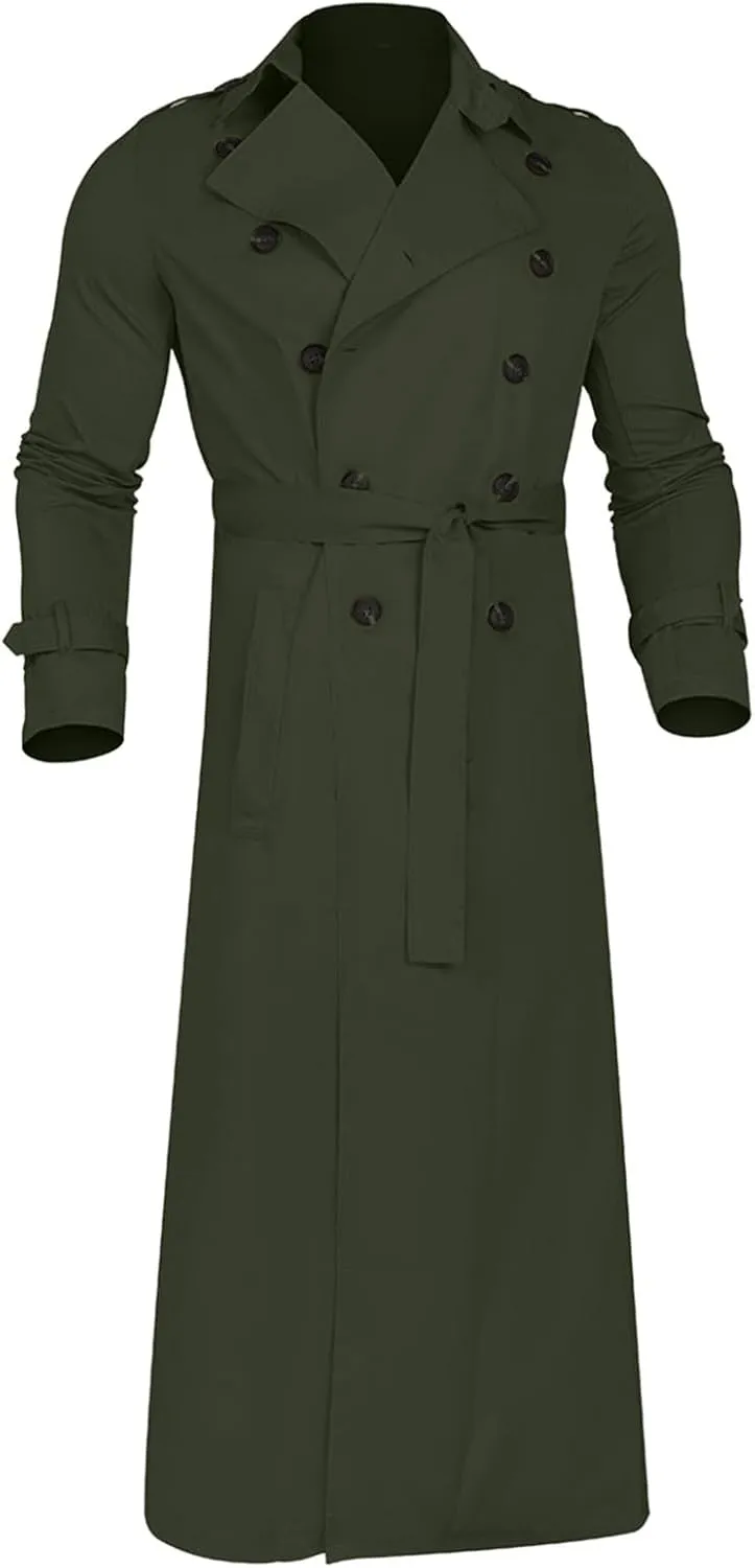 QWENTMTNTY Mens Long Trench Coat Double Breasted Belted Trench Coat Oversized Jacket Casual Business Windbreaker Overcoats