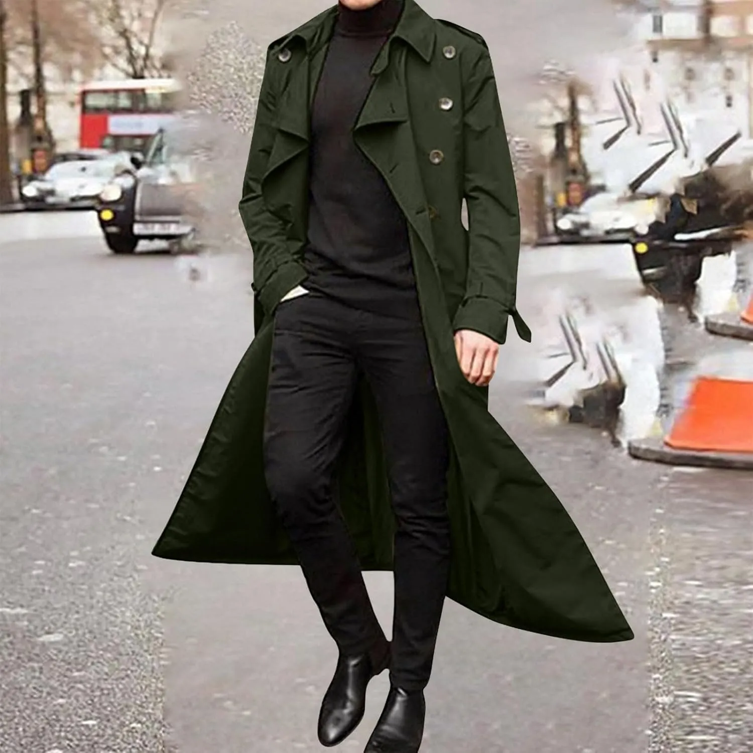 QWENTMTNTY Mens Long Trench Coat Double Breasted Belted Trench Coat Oversized Jacket Casual Business Windbreaker Overcoats