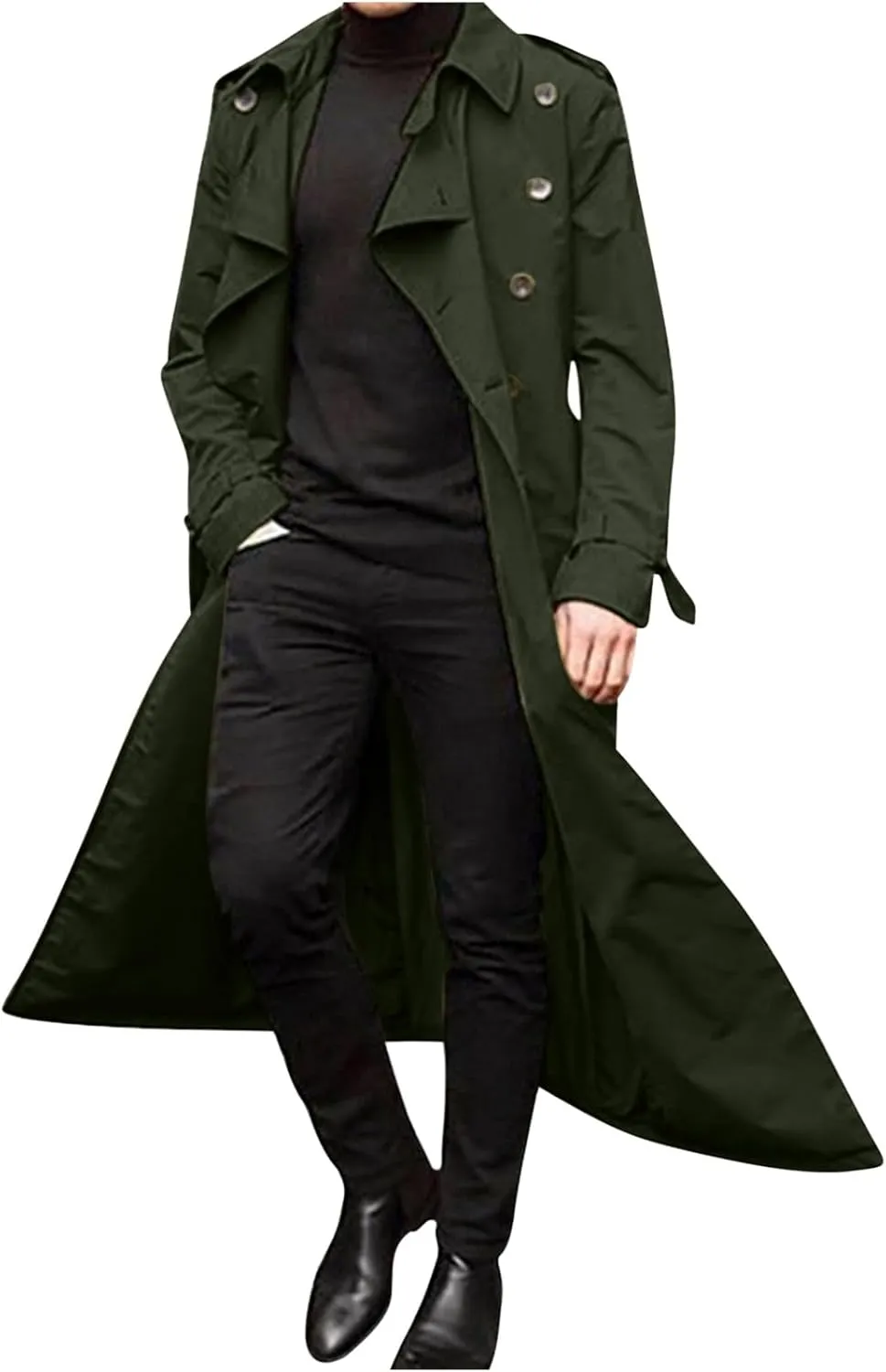 QWENTMTNTY Mens Long Trench Coat Double Breasted Belted Trench Coat Oversized Jacket Casual Business Windbreaker Overcoats