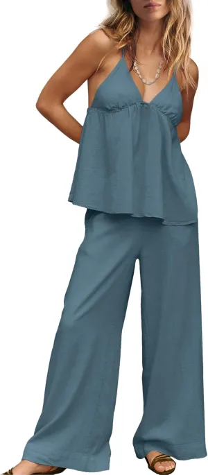 ReachMe Womens Linen Pants Sets 2 Piece Outfits Summer Two Piece Sets V Neck Tank and Wide Leg Pants with Pockets
