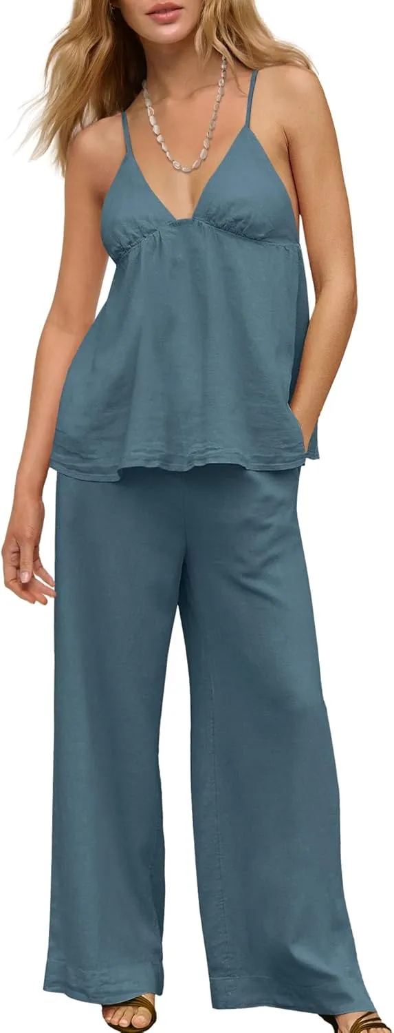 ReachMe Womens Linen Pants Sets 2 Piece Outfits Summer Two Piece Sets V Neck Tank and Wide Leg Pants with Pockets