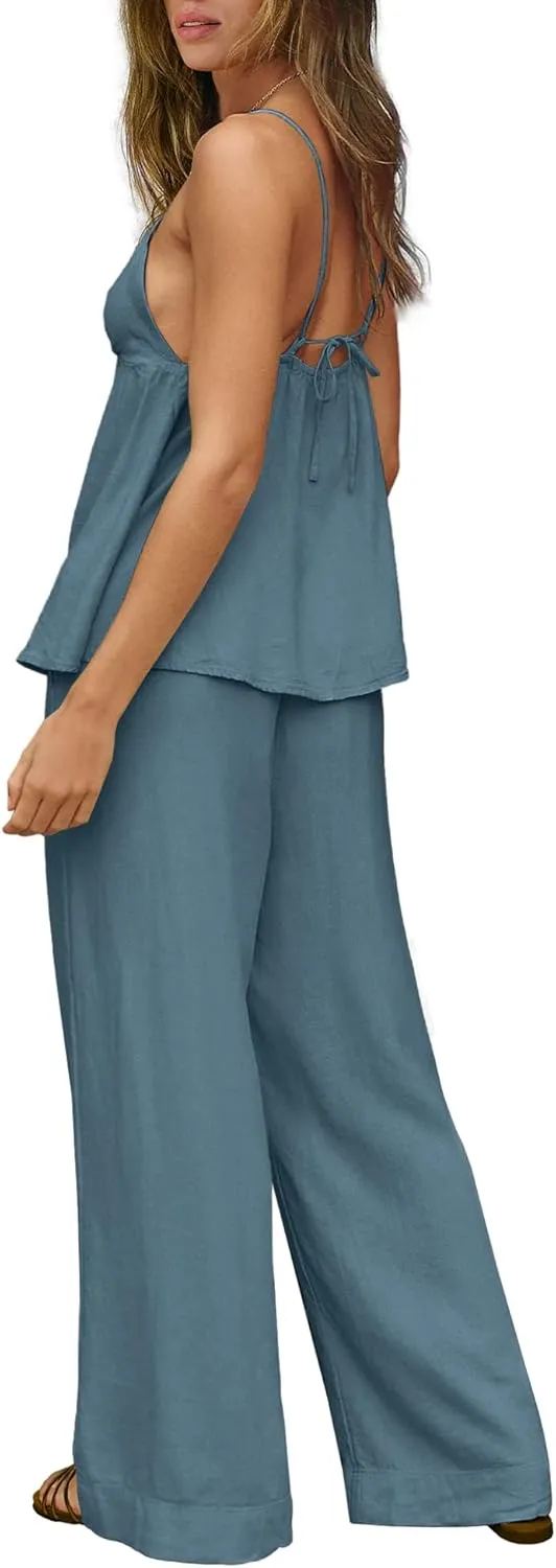 ReachMe Womens Linen Pants Sets 2 Piece Outfits Summer Two Piece Sets V Neck Tank and Wide Leg Pants with Pockets