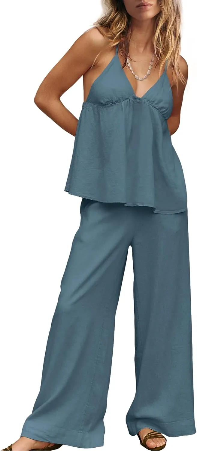ReachMe Womens Linen Pants Sets 2 Piece Outfits Summer Two Piece Sets V Neck Tank and Wide Leg Pants with Pockets