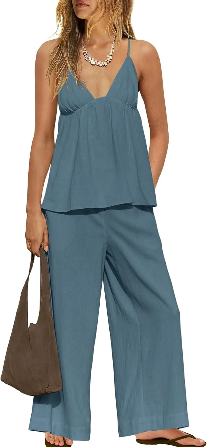 ReachMe Womens Linen Pants Sets 2 Piece Outfits Summer Two Piece Sets V Neck Tank and Wide Leg Pants with Pockets