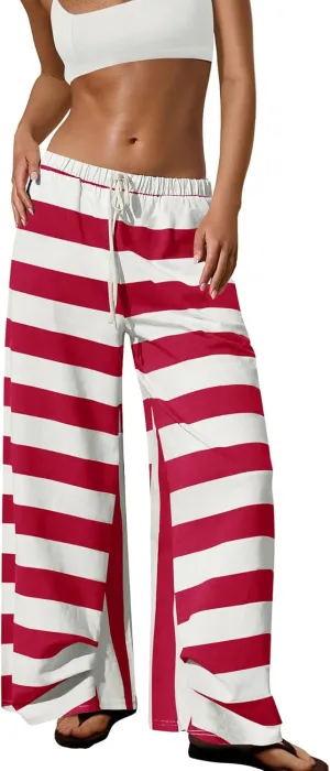 ReachMe Womens Striped Wide Leg Pants Beach Travel Palazzo Pants Drawstring Elastic Waist Pants with Pockets