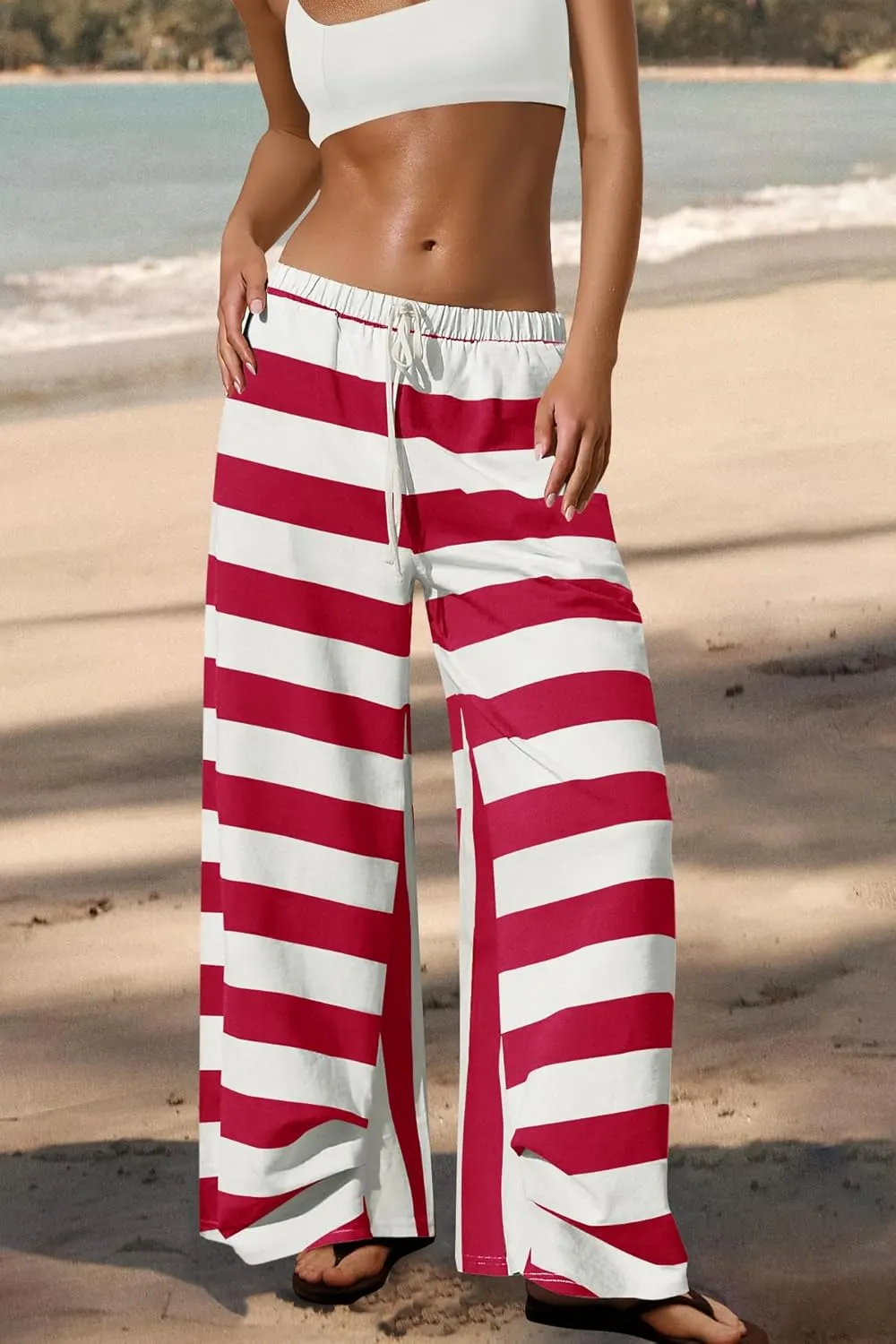 ReachMe Womens Striped Wide Leg Pants Beach Travel Palazzo Pants Drawstring Elastic Waist Pants with Pockets