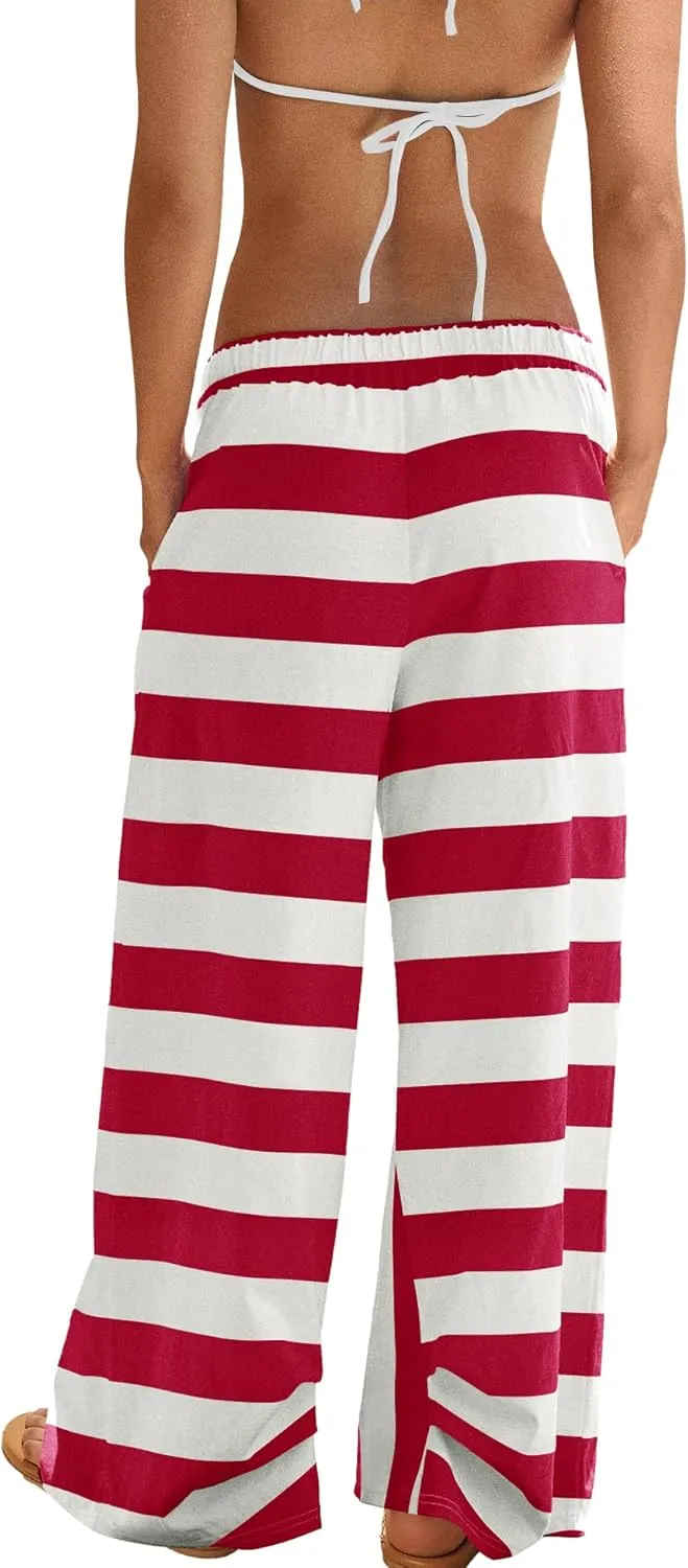 ReachMe Womens Striped Wide Leg Pants Beach Travel Palazzo Pants Drawstring Elastic Waist Pants with Pockets