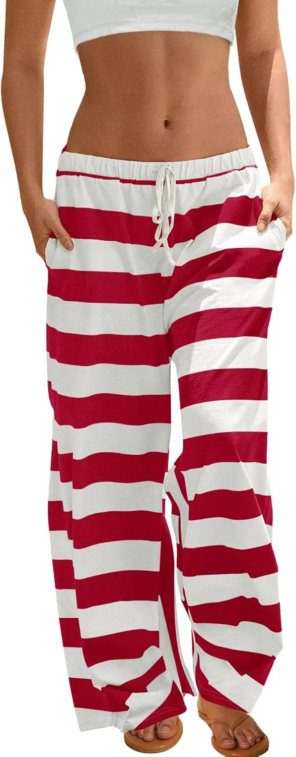 ReachMe Womens Striped Wide Leg Pants Beach Travel Palazzo Pants Drawstring Elastic Waist Pants with Pockets