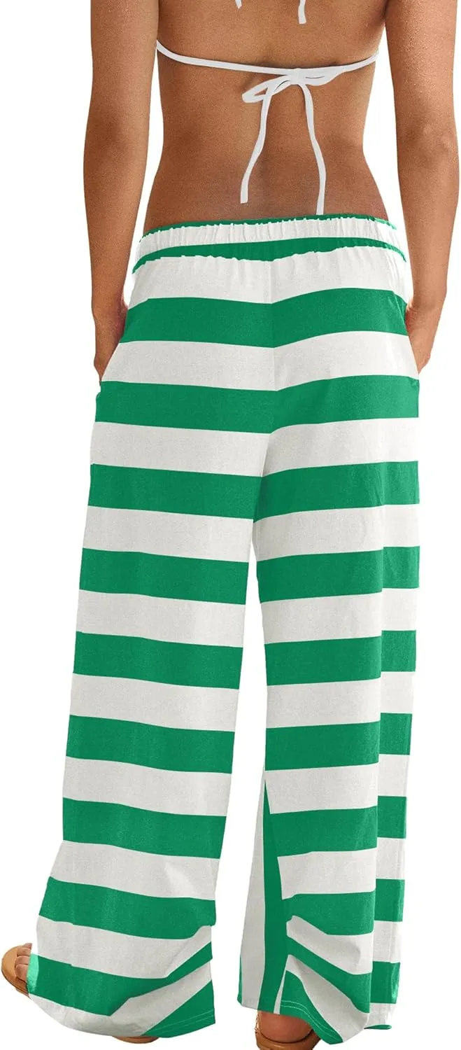 ReachMe Womens Striped Wide Leg Pants Beach Travel Palazzo Pants Drawstring Elastic Waist Pants with Pockets